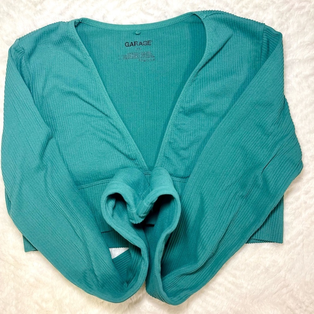 Garage Ribbed Long Sleeve Cropped Top Teal Medium